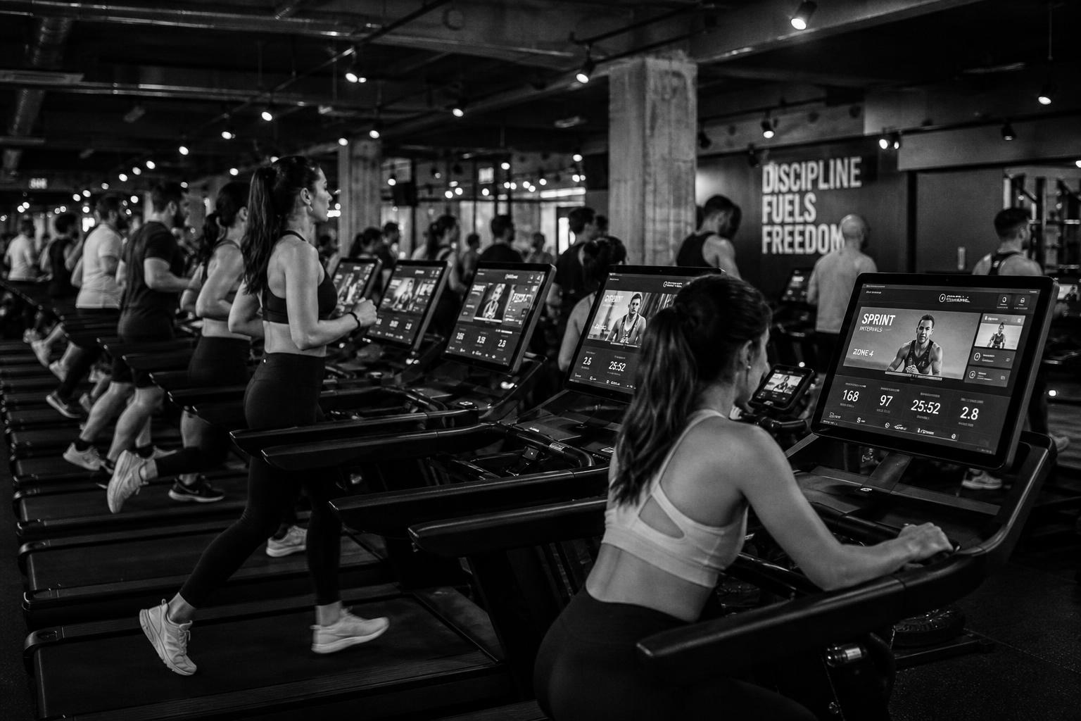 Black and white photograph of a fitness studio with people training on treadmills and bikes with built-in screens